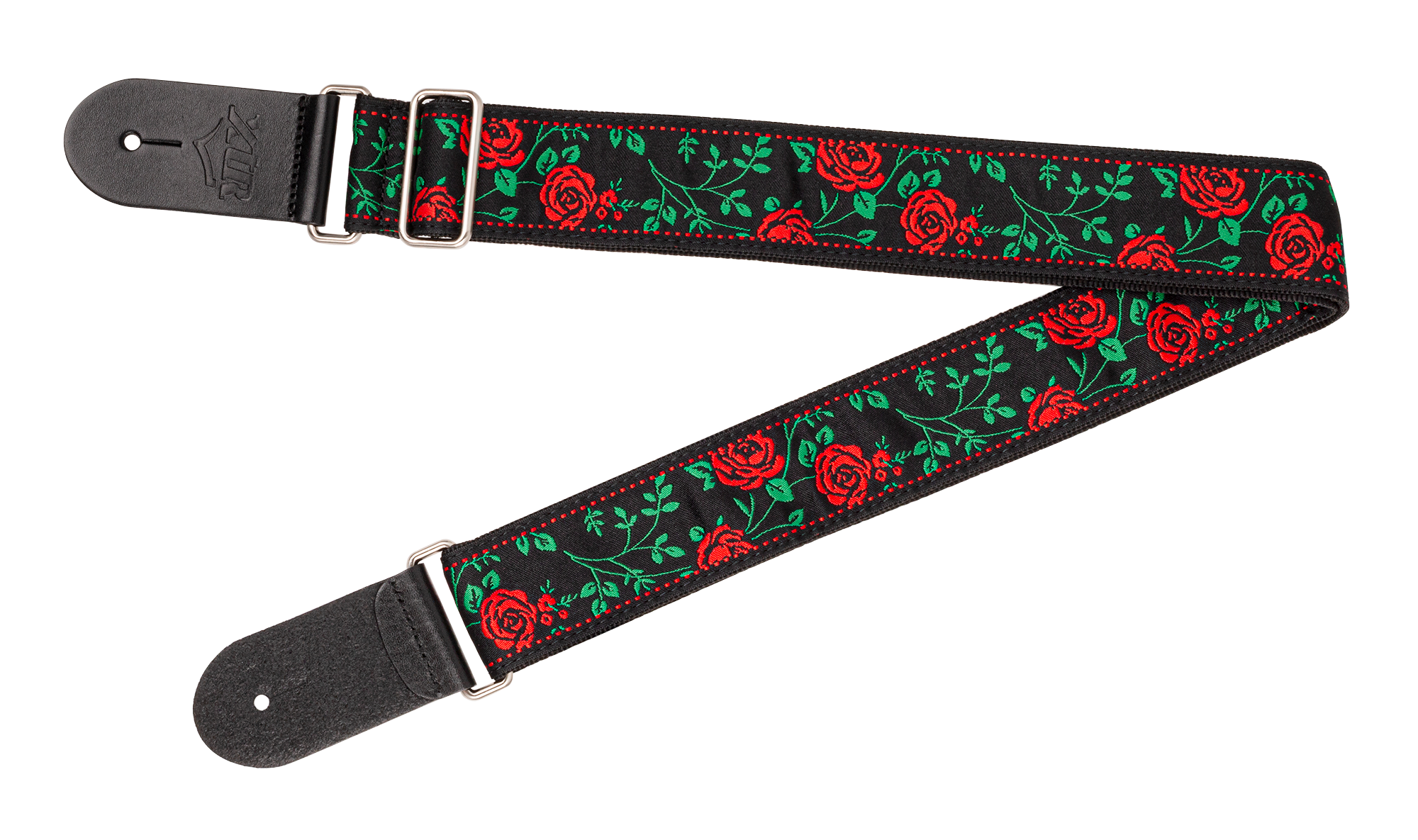 XTR Deluxe woven jacquard guitar strap with rose and thorns pattern, made of poly cotton, designed for comfortable playing.