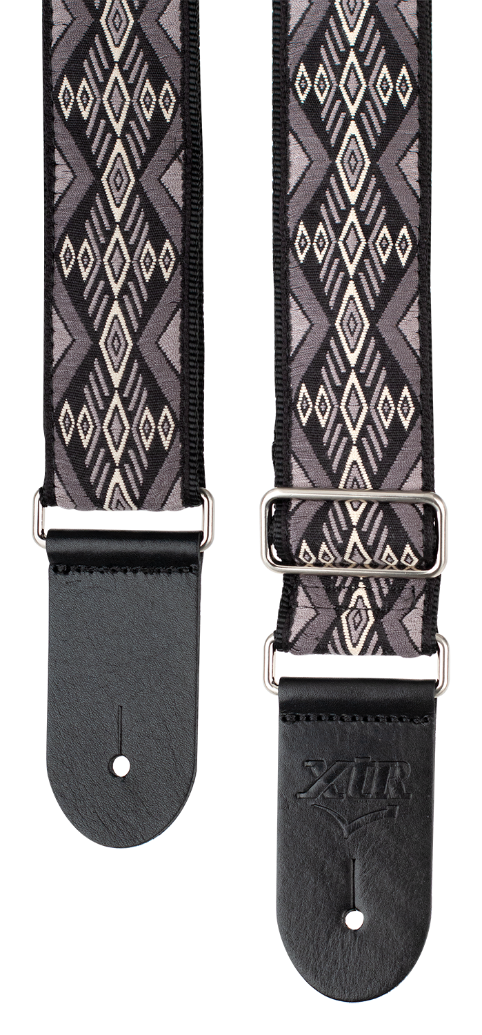 XTR Deluxe woven jacquard grey diamond guitar strap with poly cotton material, adjustable strap for comfortable playing.