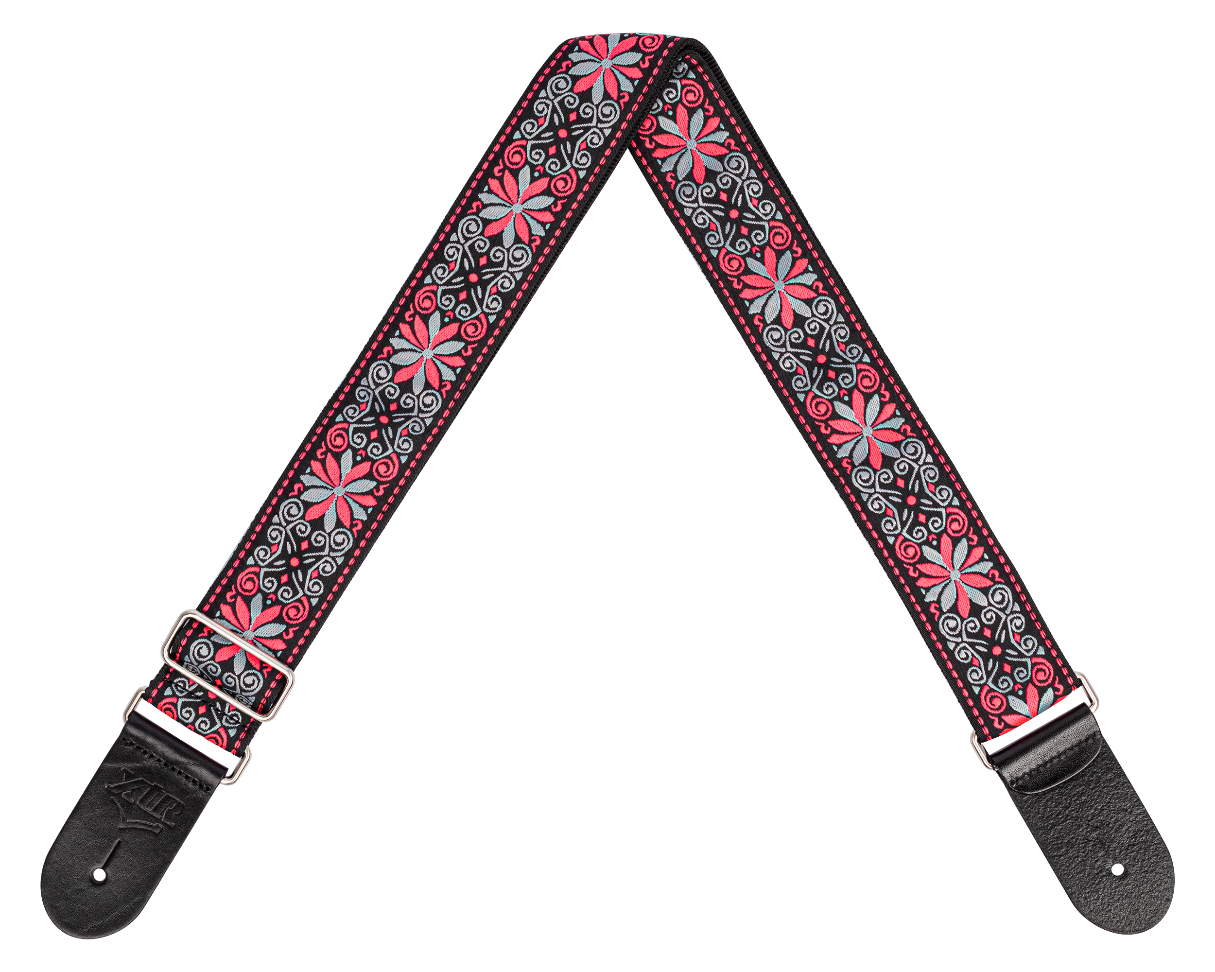 XTR Deluxe woven jacquard pink and grey floral guitar strap with poly cotton material and adjustable strap design.