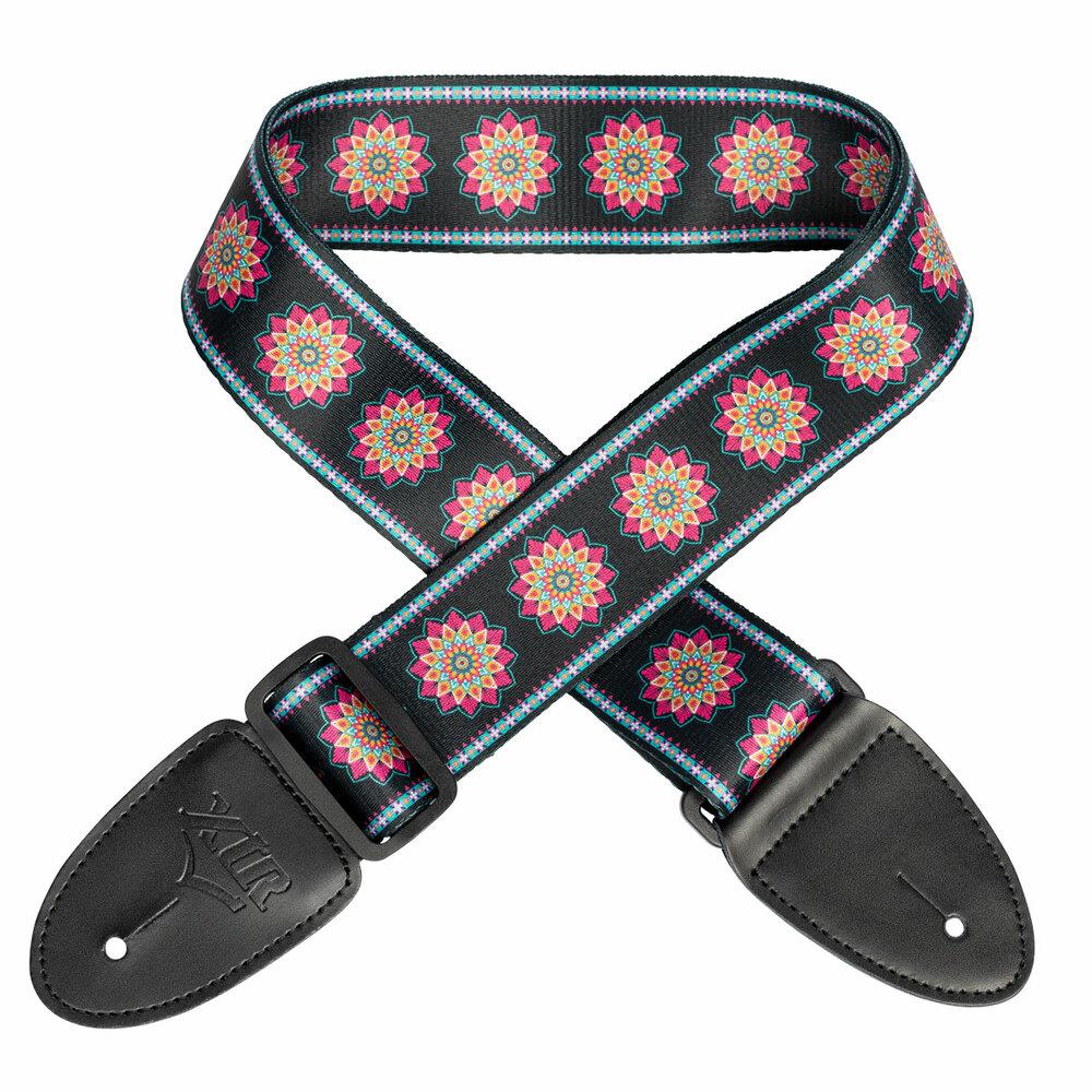 XTR Mandala Art Series guitar strap in purple and black with intricate mandala design, adjustable for comfortable playing.