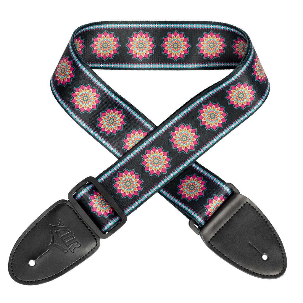 XTR Mandala Art Series guitar strap in purple and black with intricate mandala designs, made for comfortable playing.