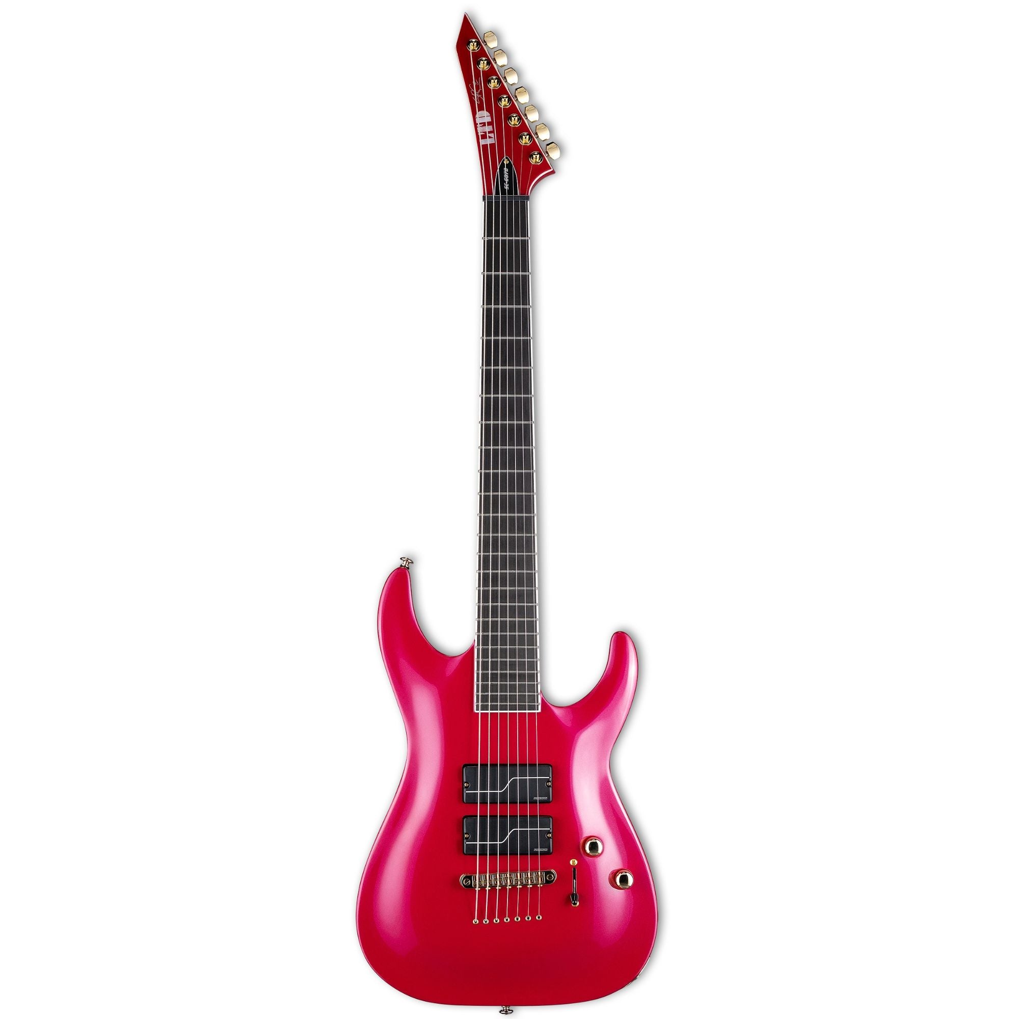ESP LTD Stephen Carpenter 607 baritone electric guitar in magenta, showing the guitar's body, neck, and hardware details.