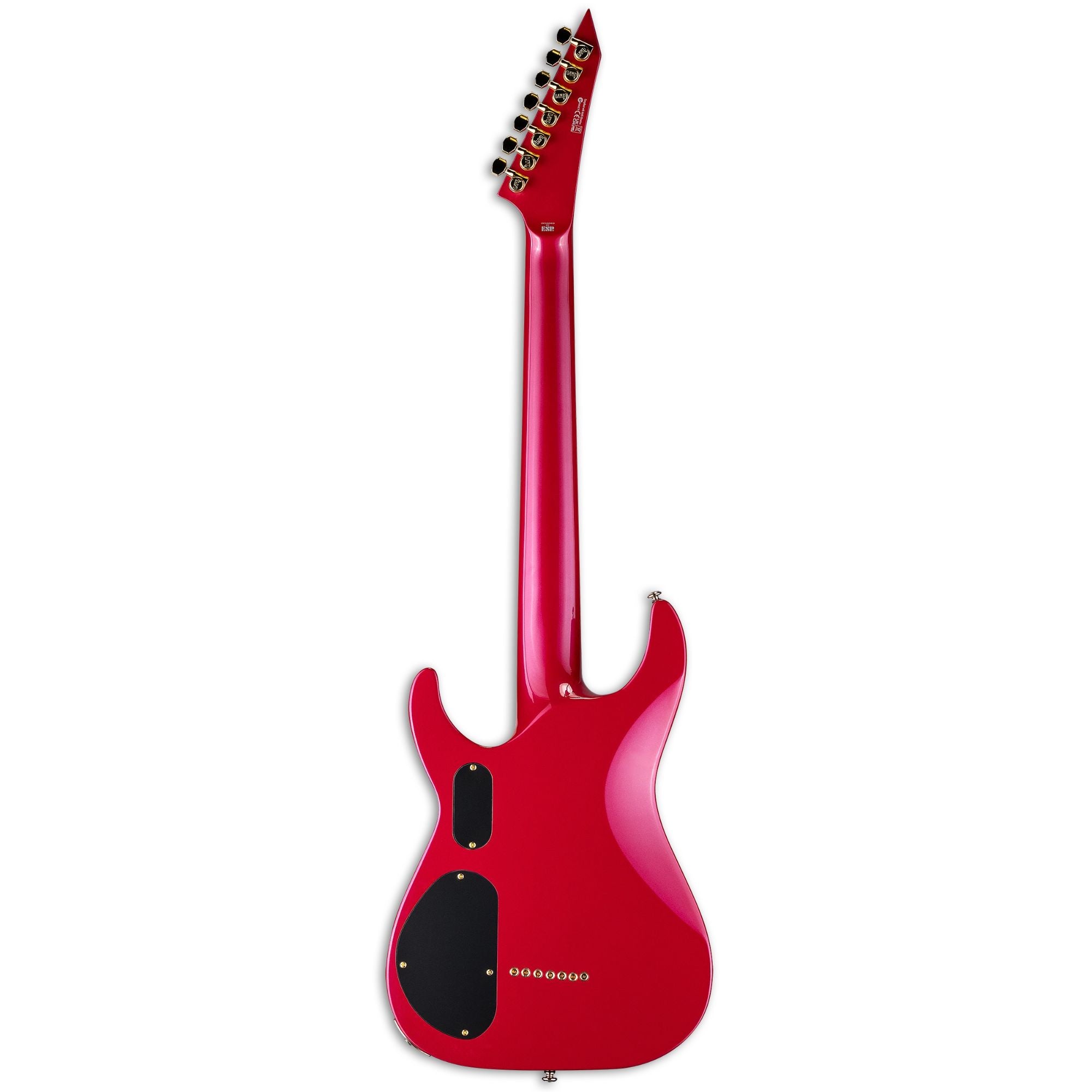 ESP LTD Stephen Carpenter 607 baritone electric guitar in magenta, showing its sleek body and detailed hardware.