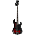 ESP LTD Surveyor 204 bass guitar in red burst finish, featuring a sleek body and four strings, on a plain background.