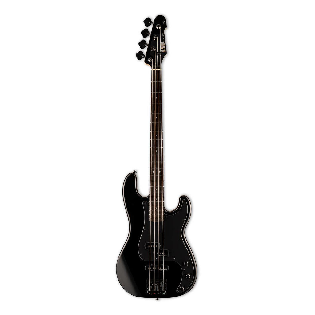 ESP LTD Surveyor 1987 reissue black bass guitar with sleek body and four strings, perfect for rock and jazz music.