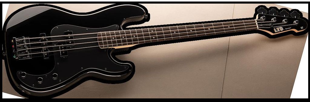ESP LTD Surveyor 1987 reissue black bass guitar with sleek body and four strings, shown from the front angle.