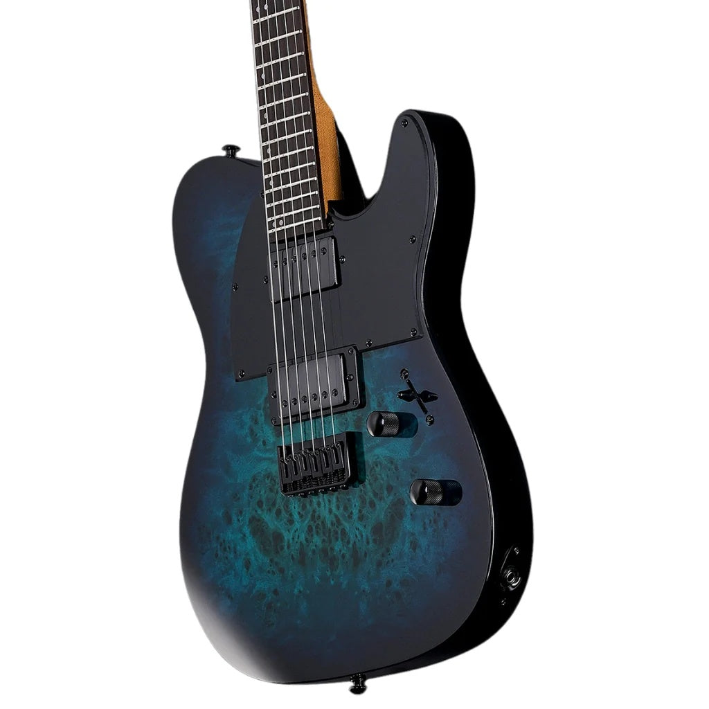 ESP LTD TE-200DXBLB electric guitar with a blue burst finish, showcasing its sleek body and dual humbucker pickups.