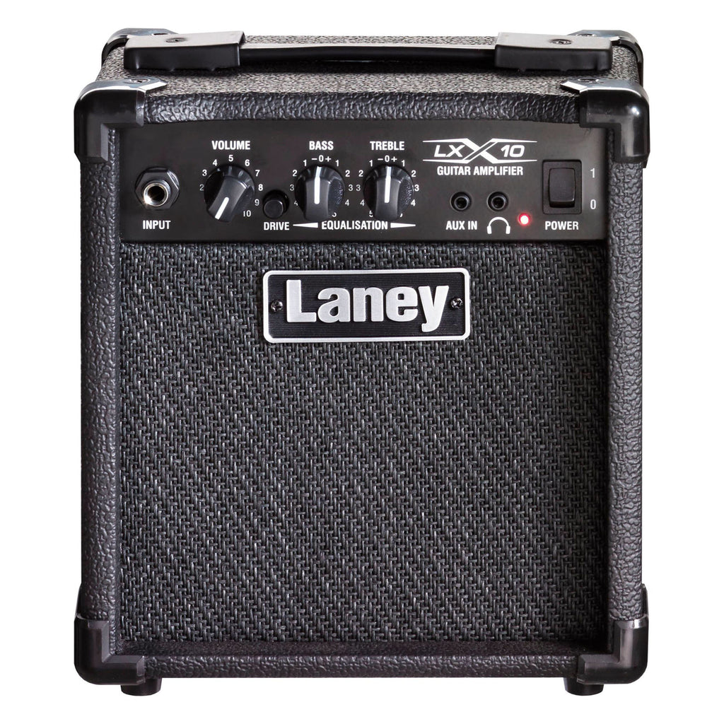 Laney LX10 10W electric guitar amplifier with black finish and 5-inch speaker, compact and versatile for practice sessions.