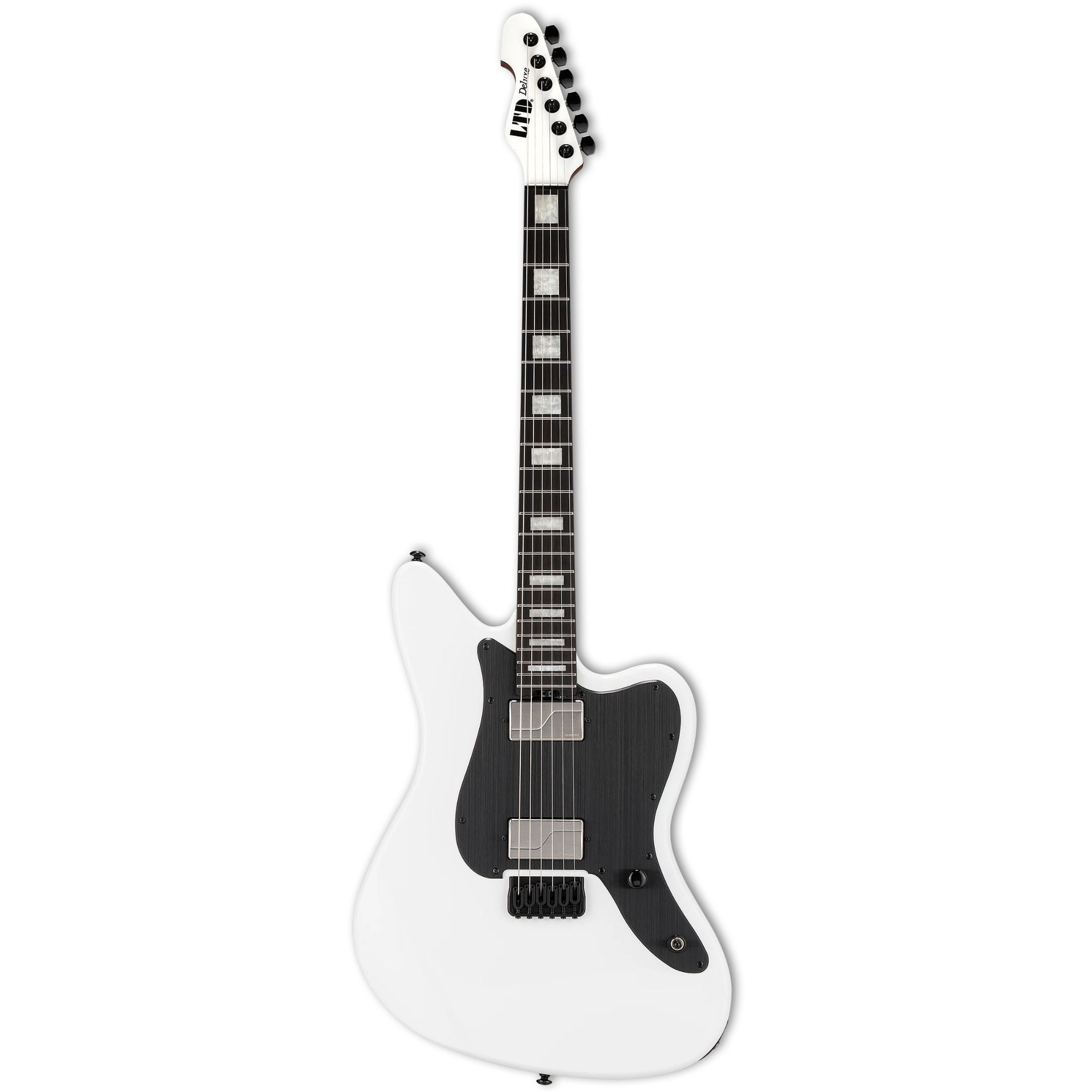 ESP LTD XJ 2 HT electric guitar in snow white finish with sleek body and six strings, showcasing a modern design.