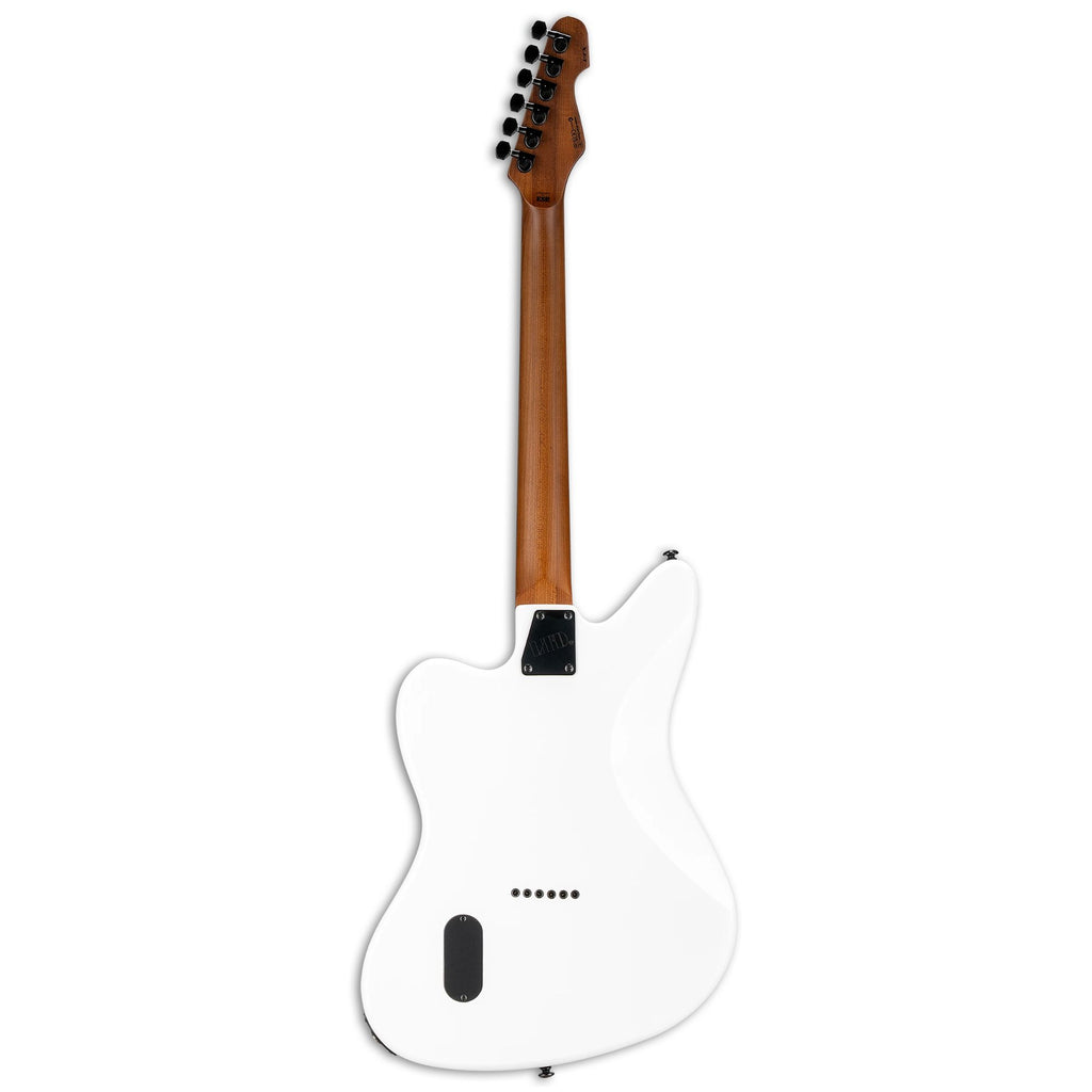 ESP LTD XJ 2 HT electric guitar in snow white with maple neck and black hardware, shown from a front angle.