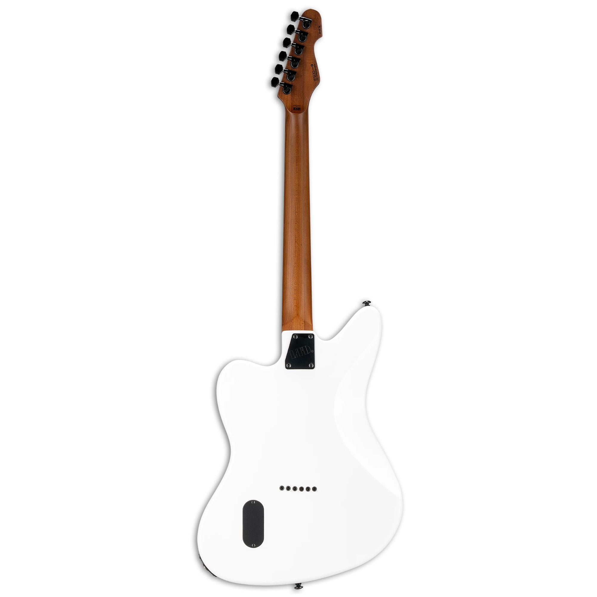 ESP LTD XJ 2 HT electric guitar in snow white with maple neck and black hardware, shown from a front angle.