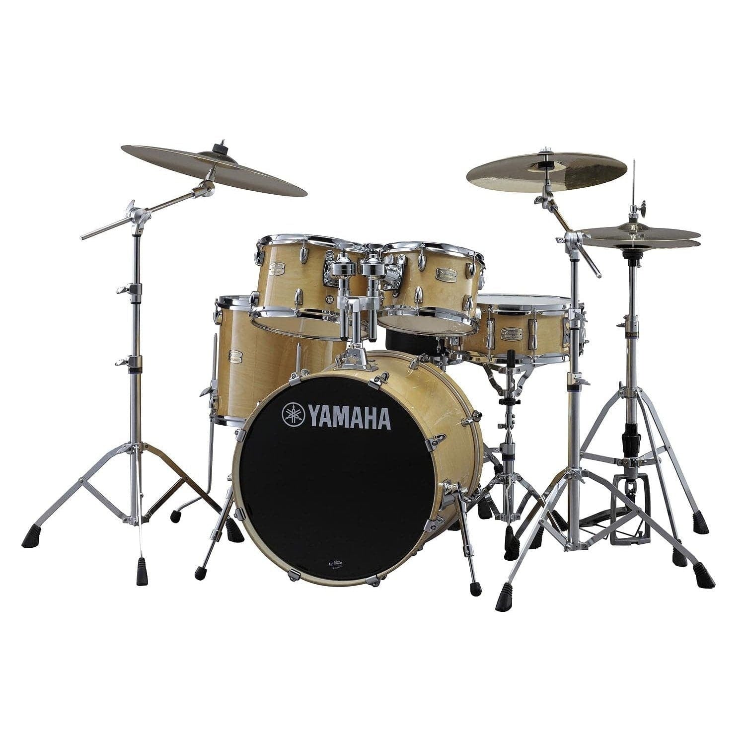 Yamaha Stage Custom Birch 22-inch 5-piece drum kit with hardware in natural wood finish, including drums and stands.