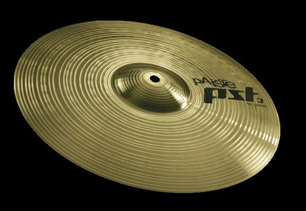 Paiste 16-inch PST 3 crash cymbal with a shiny finish, mounted on a cymbal stand, showing its size and craftsmanship.