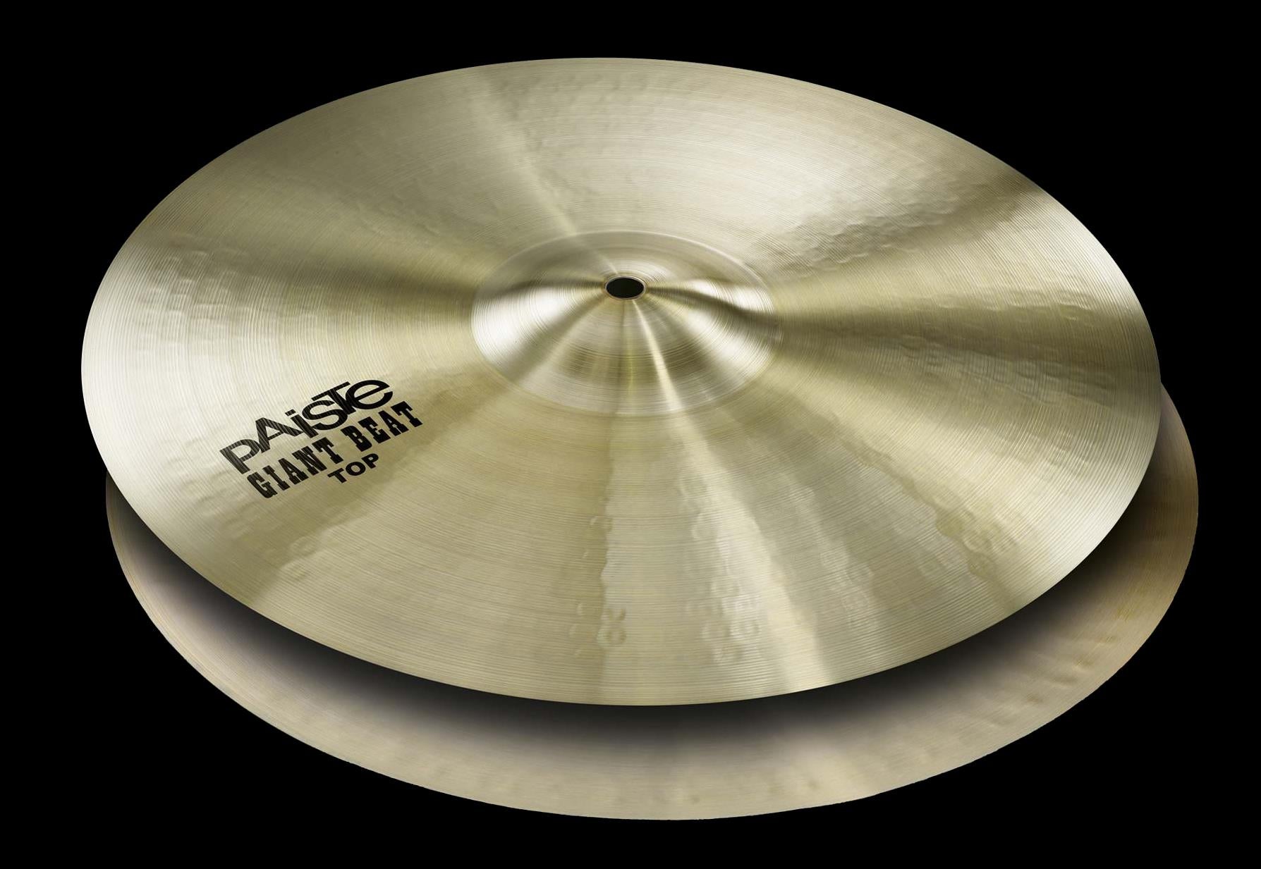 Paiste 14-inch Giant Beat Hi Hats cymbals set with a bright, shimmering finish, shown stacked with detailed surface texture.