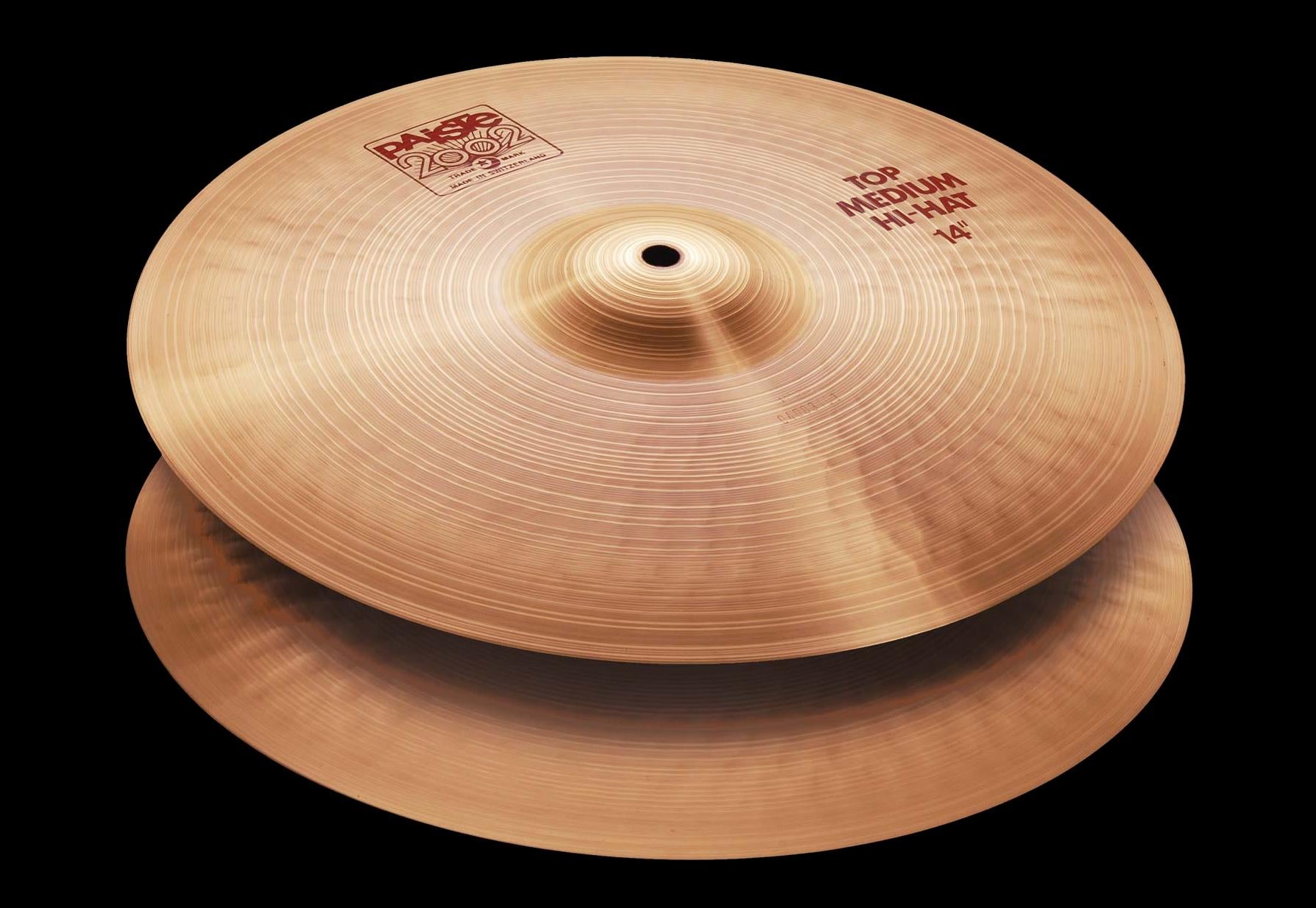 Paiste 14-inch 2002 Sound Edge Hi Hats cymbals, single cymbals with a bright finish, shown on a plain background