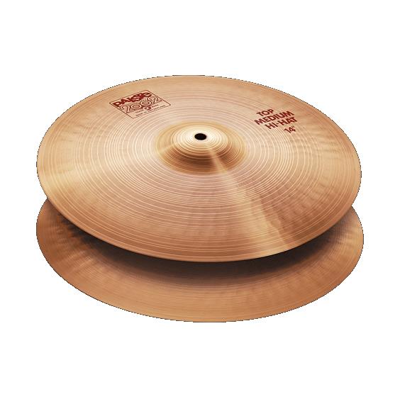 Paiste 14-inch 2002 medium hi-hats, showcasing a polished finish and classic cymbal design.