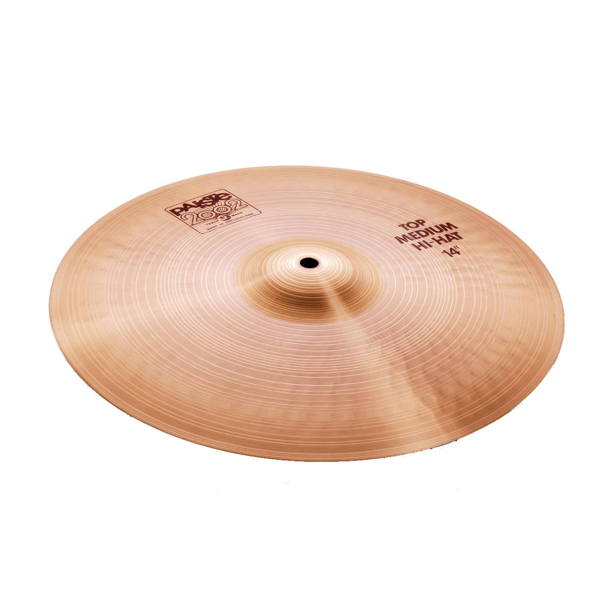 Paiste 14-inch 2002 Medium Hi Hat Top cymbal, single cymbal for drum kits, close-up of the brand's hi-hat top in metallic finish.