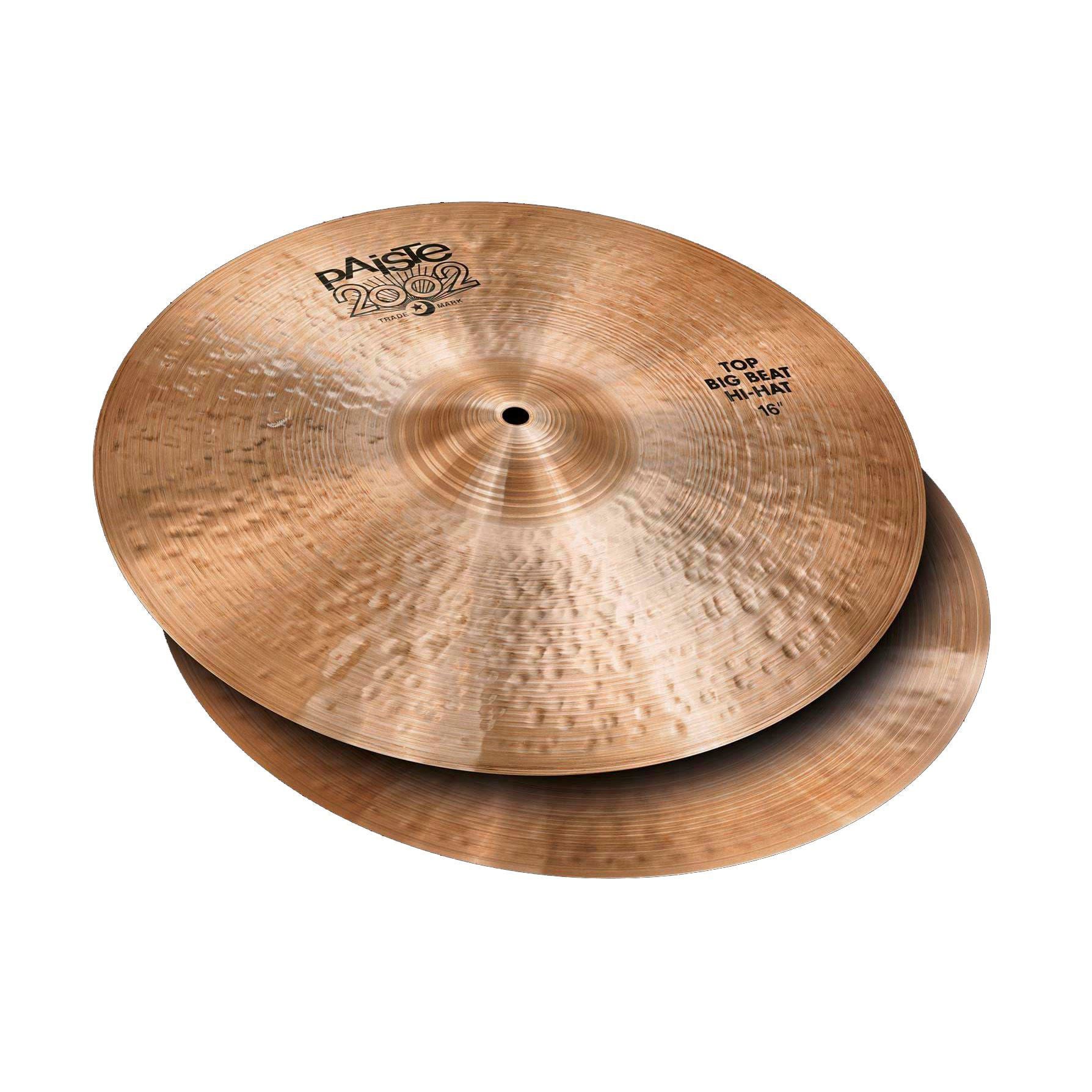 Paiste 2002 Big Beat 16-inch hi-hat cymbal pair, showing shiny brass finish and detailed branding on each cymbal.