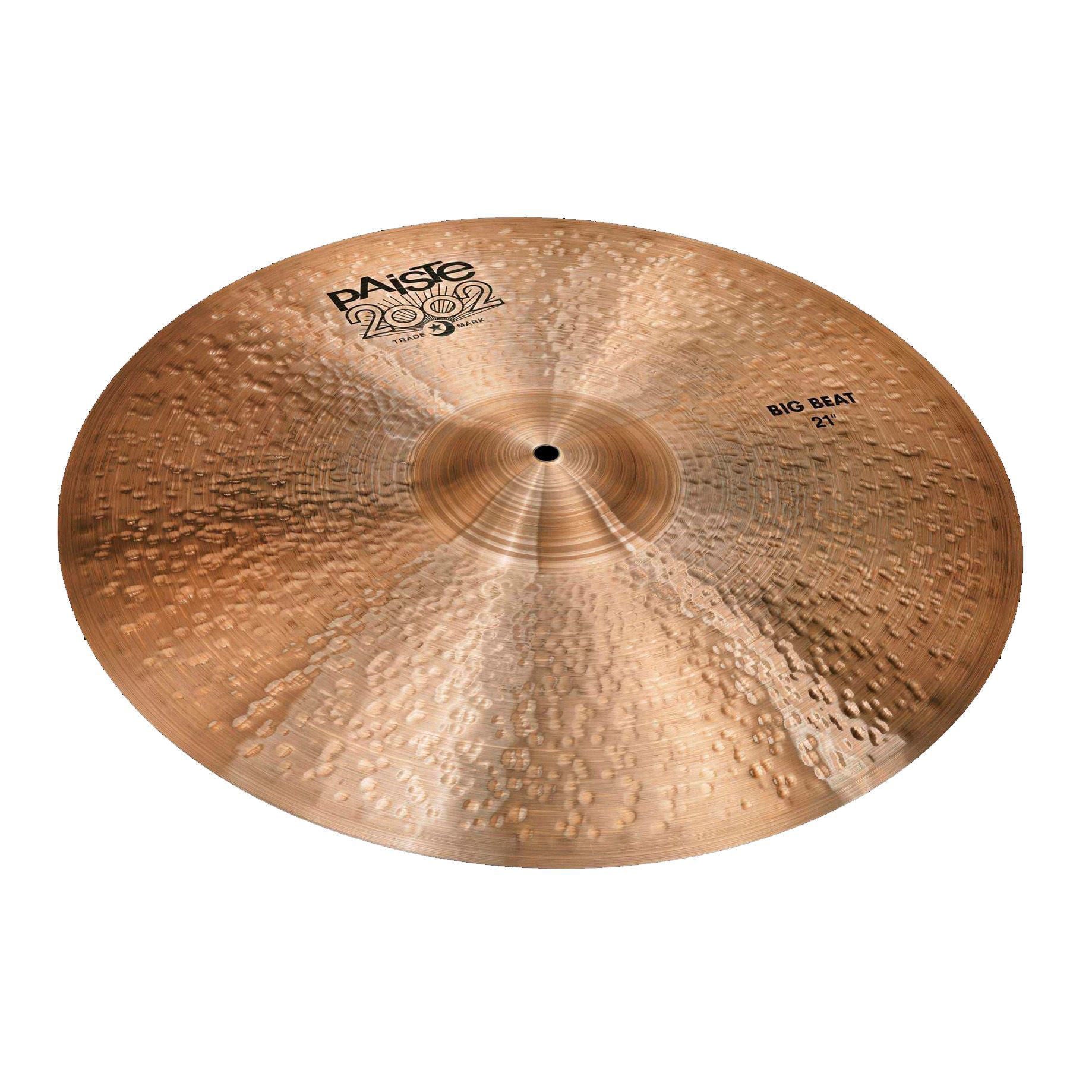 Paiste 2002 Big Beat 21-inch ride cymbal showing a large, shiny bronze cymbal with detailed branding and a smooth, curved edge.