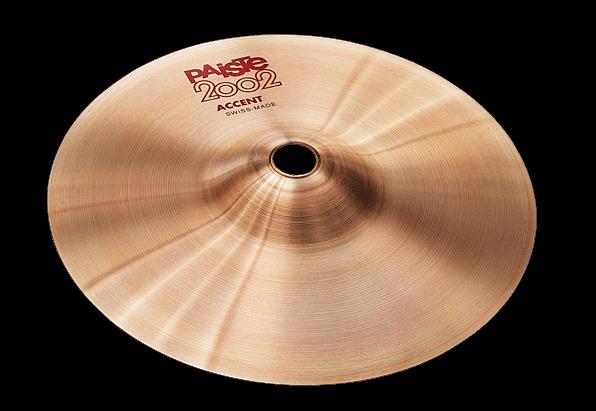 Paiste 04 inch 2002 Accent single cymbal, showing shiny metal surface with engraved brand logo and smooth edge.