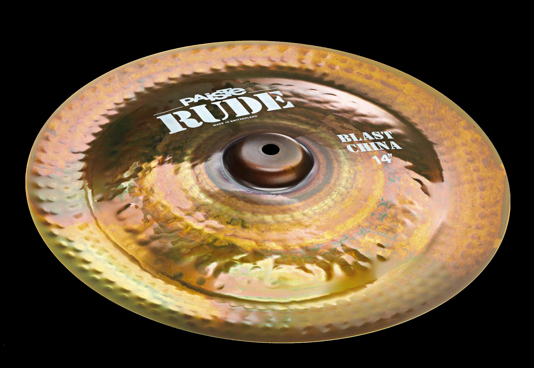 Paiste 14-inch Rude Blast China cymbal with a dark, aggressive finish and intricate hammering details, designed for powerful sound.