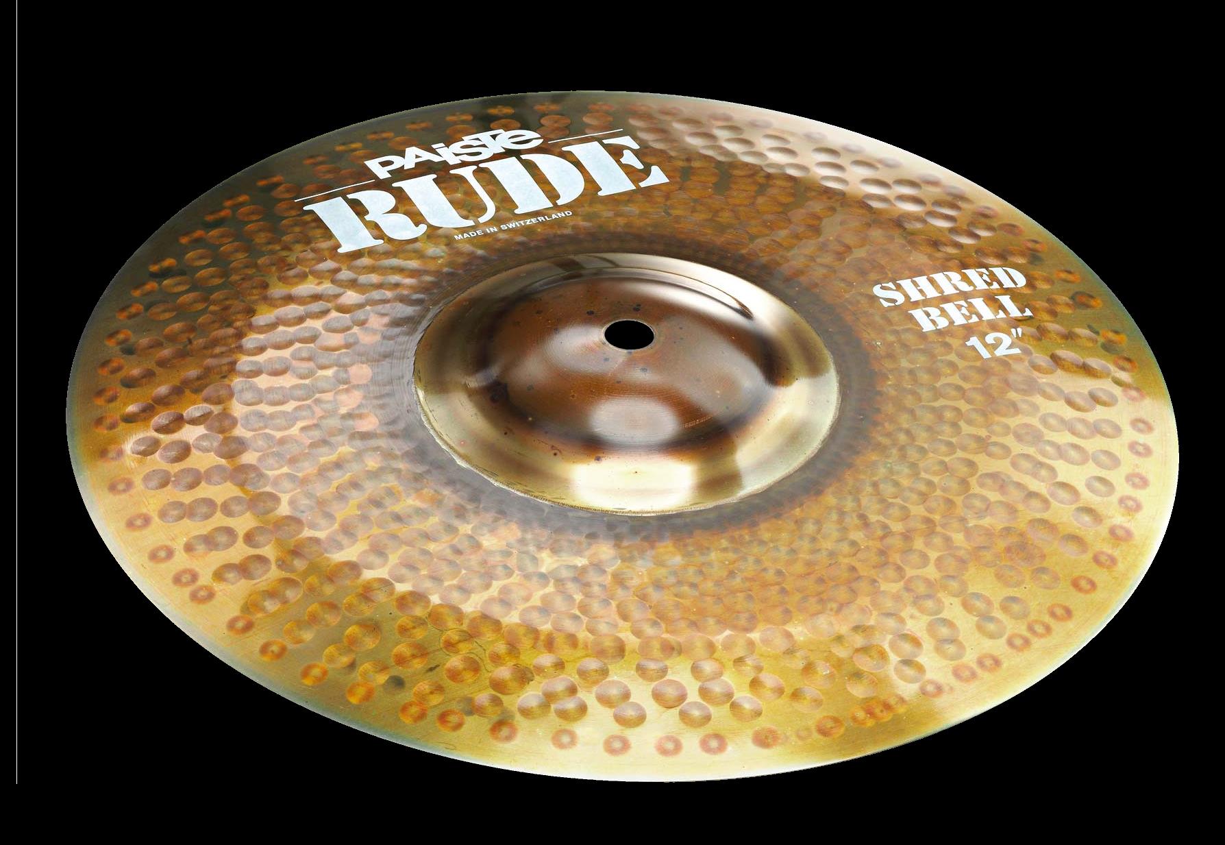 Paiste 12-inch Rude Shred Bell single cymbal with a bright, metallic finish and textured surface for a distinctive sound.