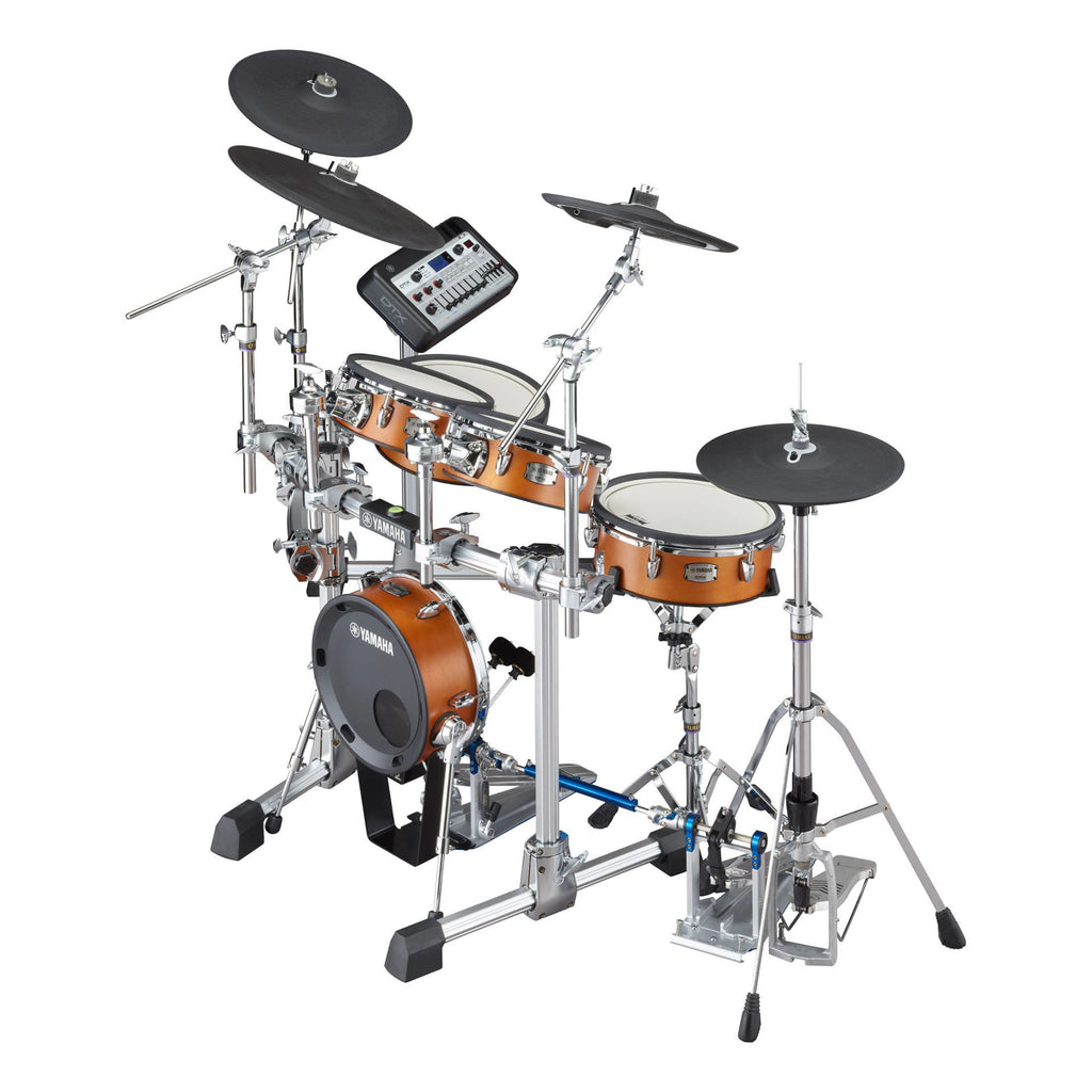 Yamaha DTX10K electronic drum kit with real wood shells and silicon TCS pads, showcasing drum components and hardware.