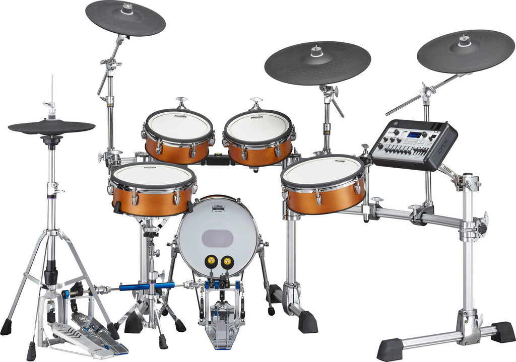 Yamaha DTX10K electronic drum kit with real wood shells and silicon TCS pads, featuring drum sticks and control module.