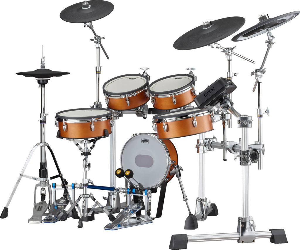 Yamaha DTX10K electronic drum kit with real wood shells and silicon pads, featuring a sleek, modern design for versatile drumming.