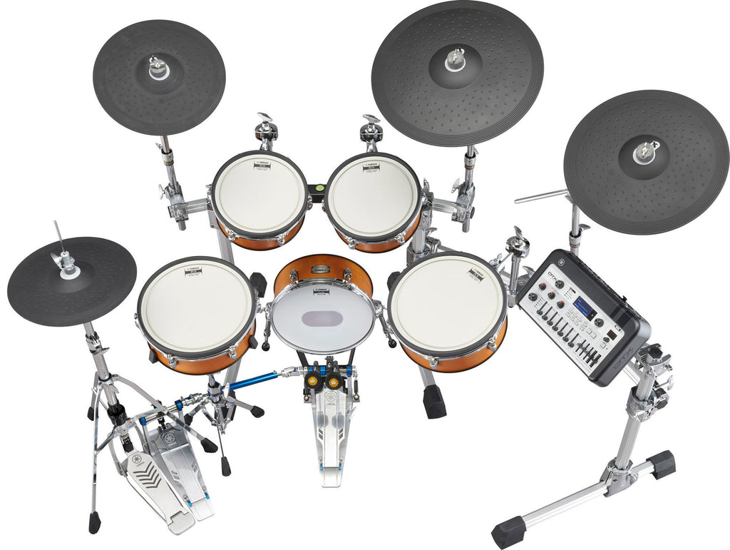 Yamaha DTX10K electronic drum kit with real wood shells and silicon pads, showcasing drum modules and cymbals.