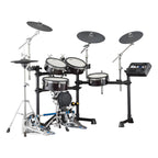 Yamaha DTX8K electronic drum kit in black forest finish with silicon pads, featuring drum modules and cymbals on a stand.
