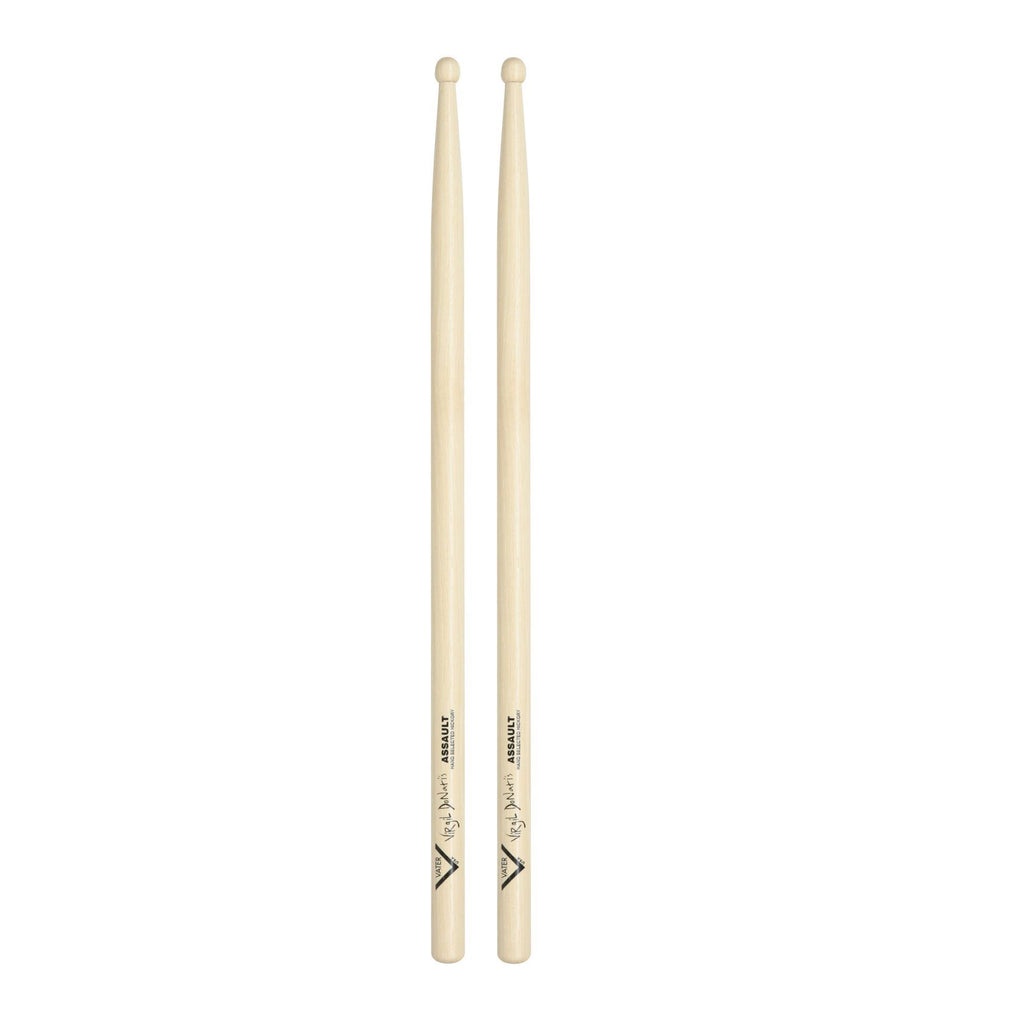 Vater Virgil Donati's Assault Design Model drumsticks with wooden handles and detailed branding, suitable for drummers.