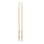 Vater Virgil Donati's Assault Design Model drumsticks with wooden handles and detailed branding, suitable for drummers.