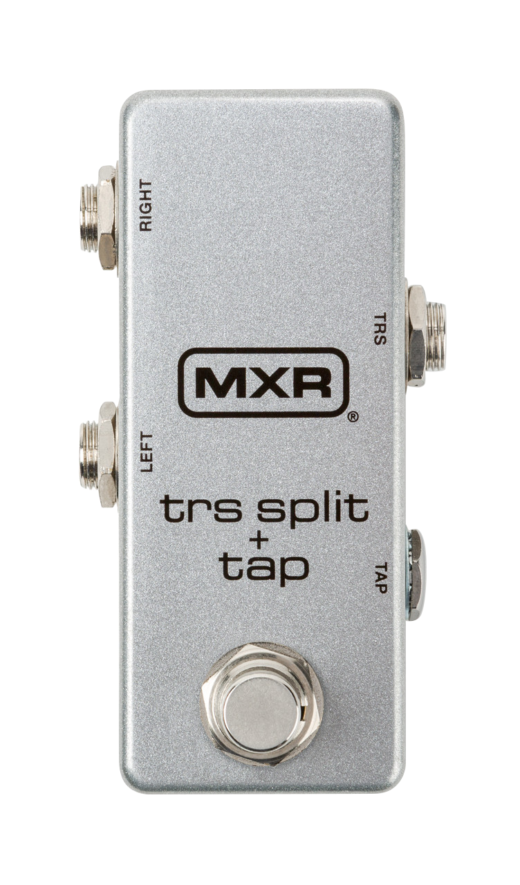 MXR M231 TRS Split + Tap Footswitch for guitar, showing the compact metal footswitch with control labels and connection ports.