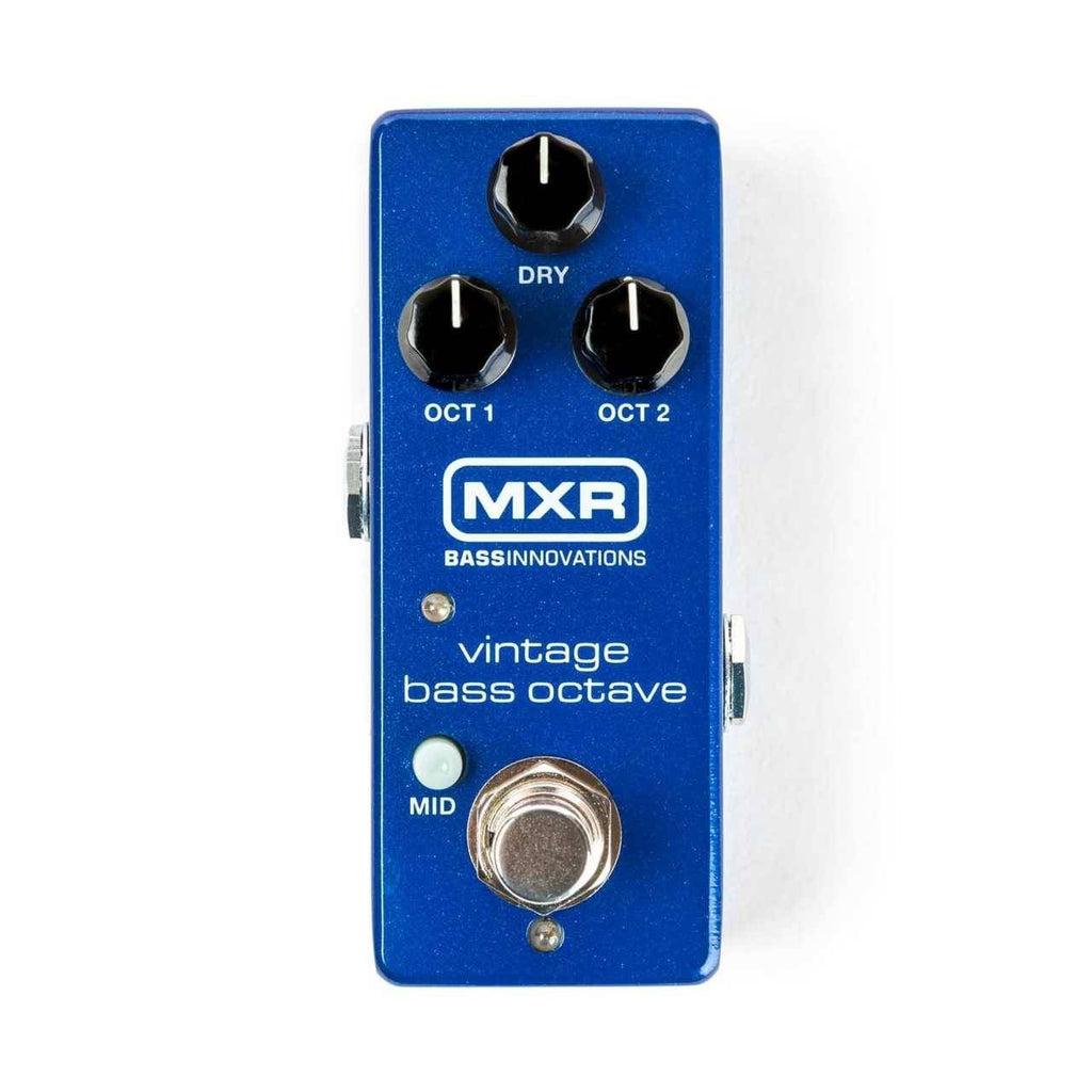 MXR M280 Vintage Bass Octave Effects Pedal showing the compact black pedal with control knobs and input/output jacks.