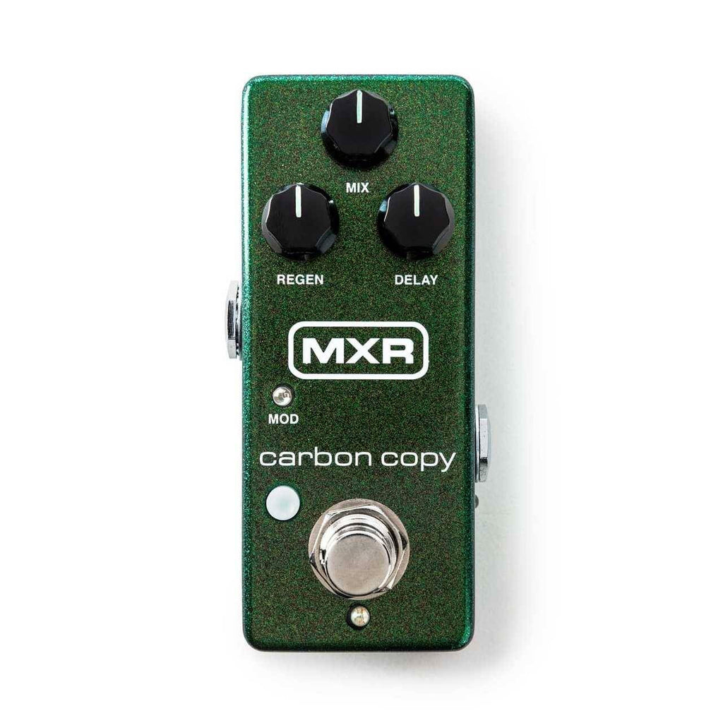 MXR Carbon Copy Mini guitar effects pedal with controls and input/output jacks, compact effects pedal for guitarists.