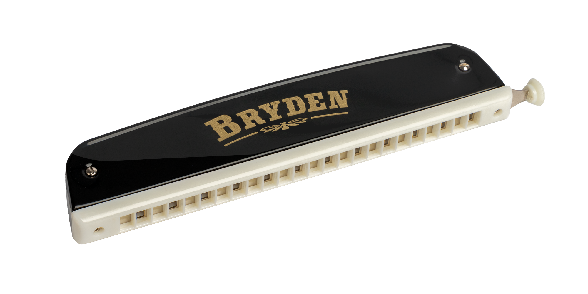 Bryden Chromatic 24-hole harmonica with GMI guitar style, shown in black and silver, featuring 24 holes and metal cover plates.