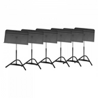 Set of six Manhasset Harmony Music Stands featuring durable ABS desks, ideal for musicians and ensembles in use.