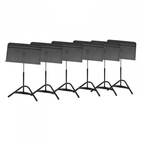 Set of six Manhasset Harmony Music Stands featuring durable ABS desks, ideal for musicians and ensembles in use.
