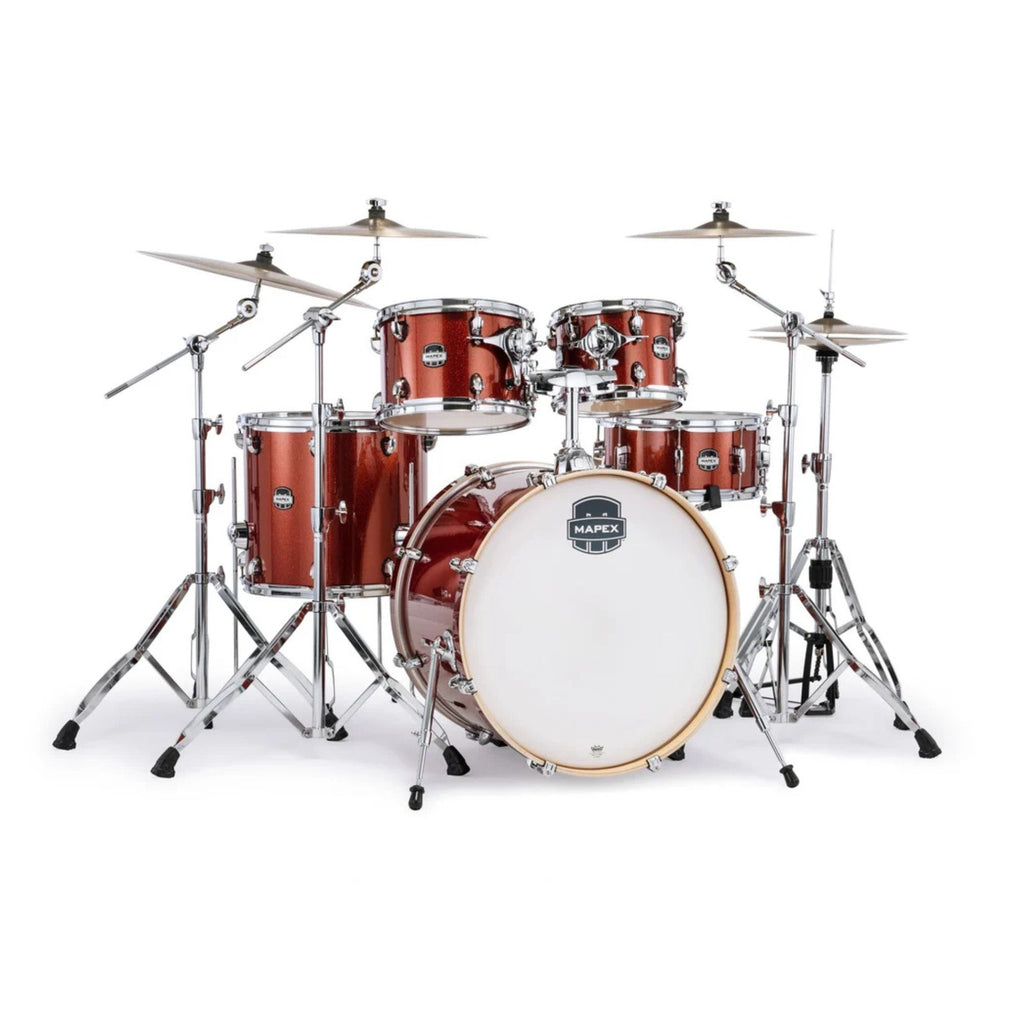 Mapex Mars Birch Fast Shell Pack drum kit in blood orange sparkle with 22-inch bass, 10/12-inch toms, 16-inch floor tom, and 14-inch snare