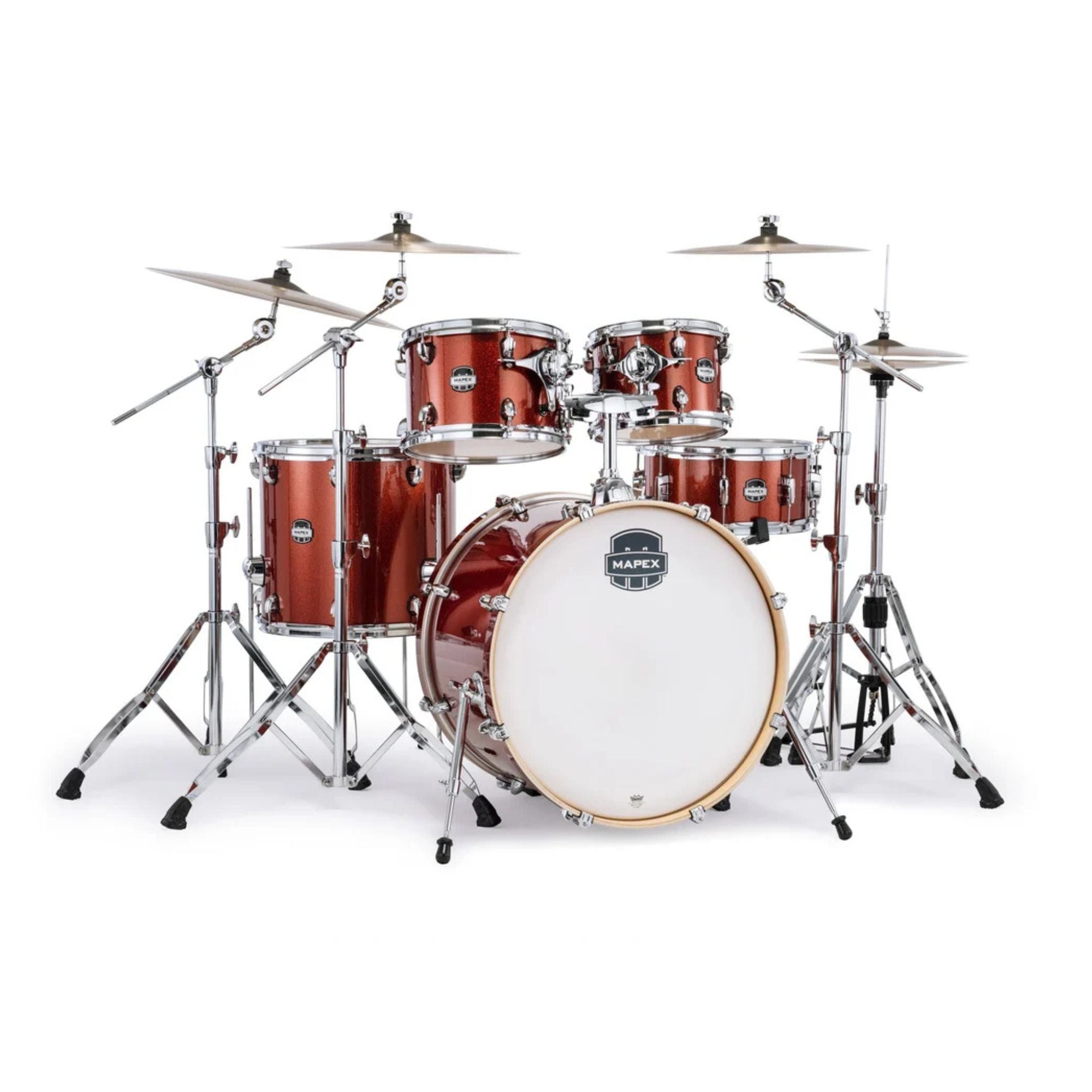 Mapex Mars Birch Fast Shell Pack drum kit in blood orange sparkle with 22-inch bass, 10/12-inch toms, 16-inch floor tom, and 14-inch snare