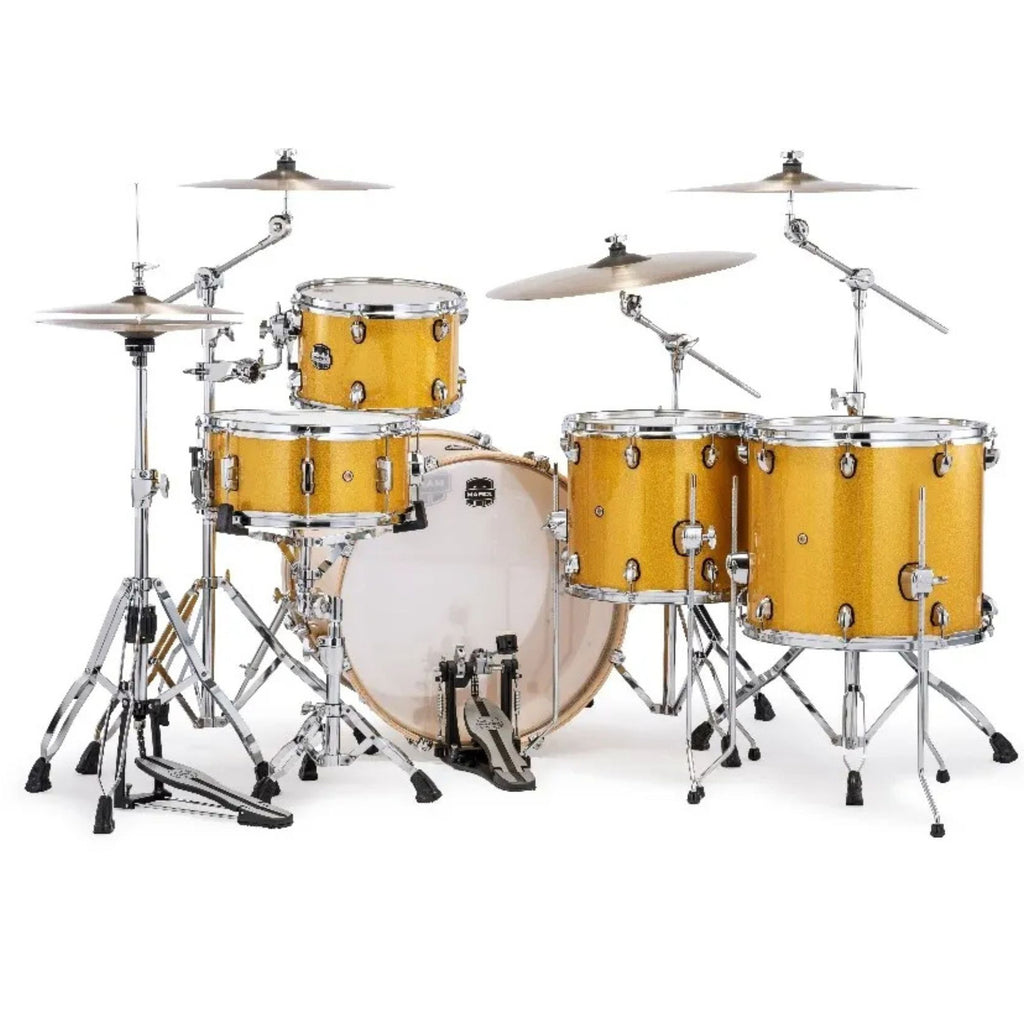 Mapex Mars Birch fast shell drum kit in Sunflower Sparkle finish with 22-inch bass, 10/12/16-inch toms, and 14-inch snare.