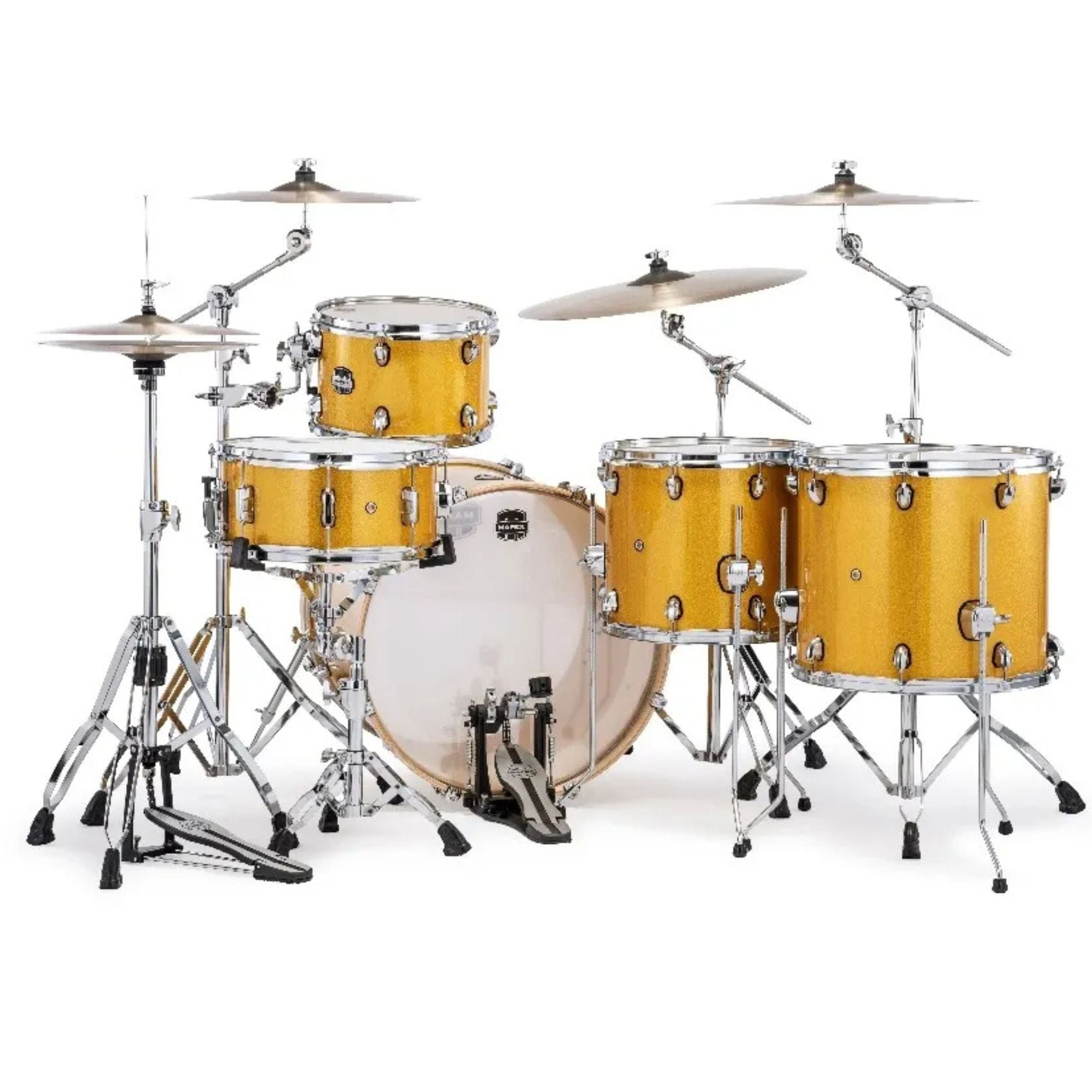 Mapex Mars Birch fast shell drum kit in Sunflower Sparkle finish with 22-inch bass, 10/12/16-inch toms, and 14-inch snare.