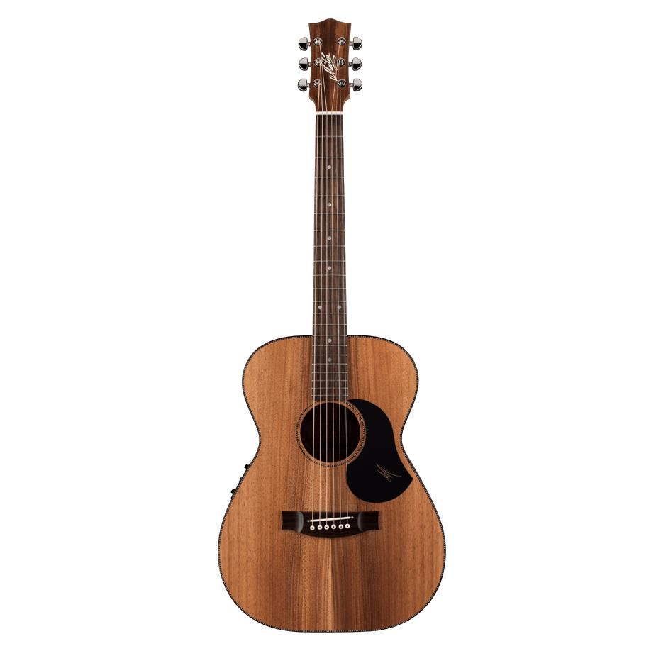 Maton EBW808 Blackwood acoustic electric guitar with a sleek black finish, showcasing its body and fretboard.