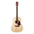 Maton SRS Series S70 dreadnought acoustic guitar in natural satin finish, showcasing smooth wood grain and classic guitar shape.