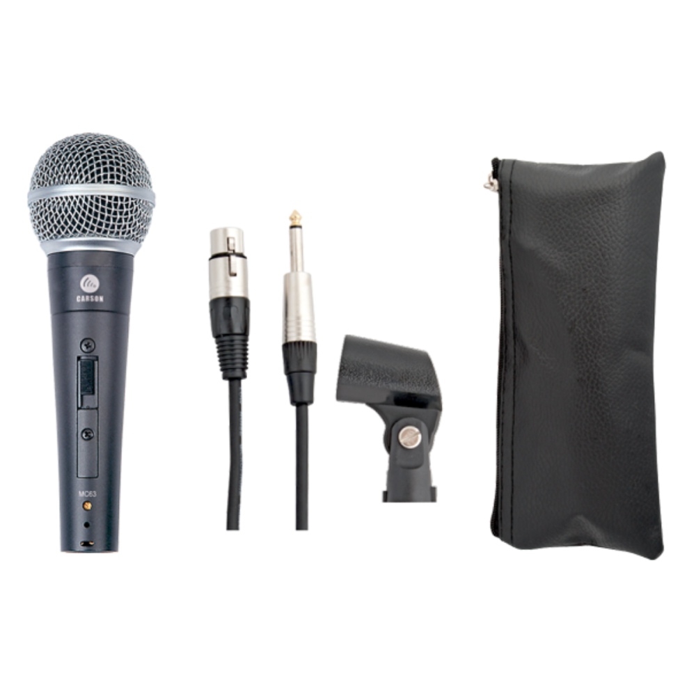 Carson MC63 wired unidirectional 58-style vocal microphone with XLR cable for live performances.