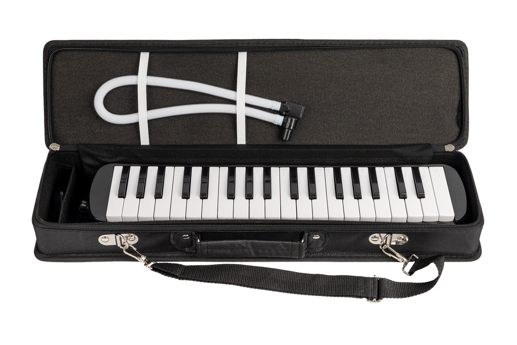 Black Mano Percussion Melodica with 37 keys, F3 to F6 range, shown with its carrying case.