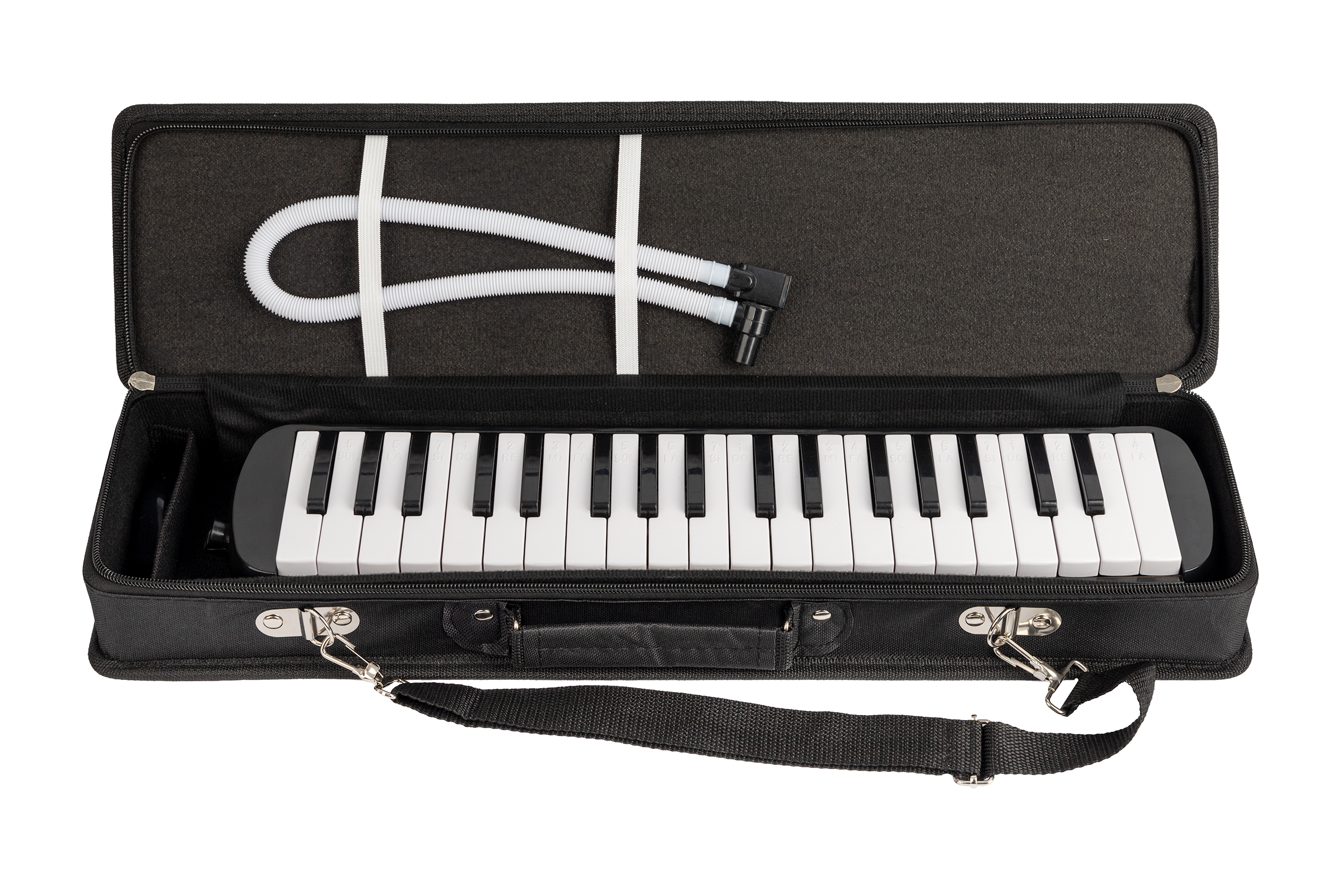 Black Mano Percussion Melodica with 37 keys, F3 to F6 range, shown with its carrying case.