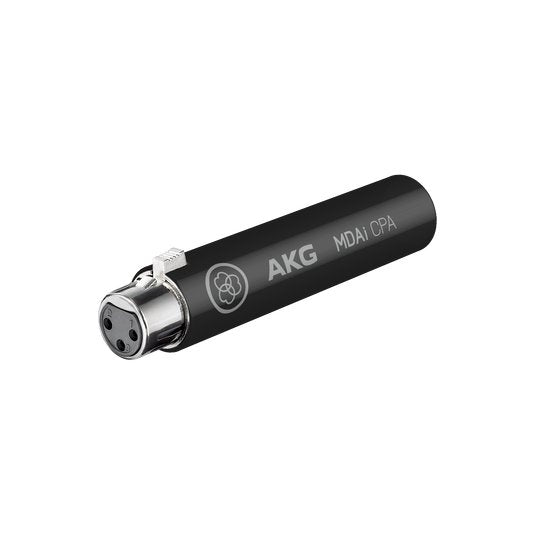 AKG Harman connected PA microphone adapter showing the compact black device with input and output ports for professional audio setup.