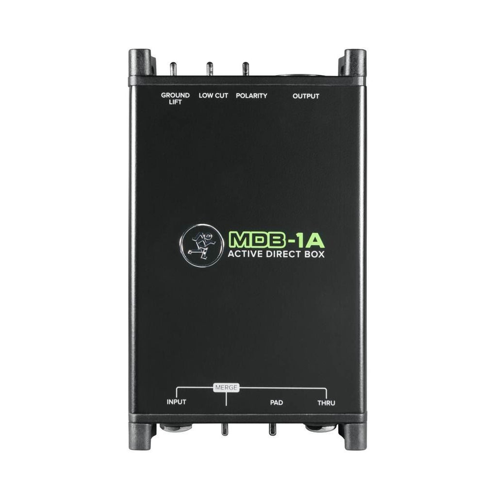 Mackie MDB-1A active direct box for live outboard use, showing its compact design and input/output connections.